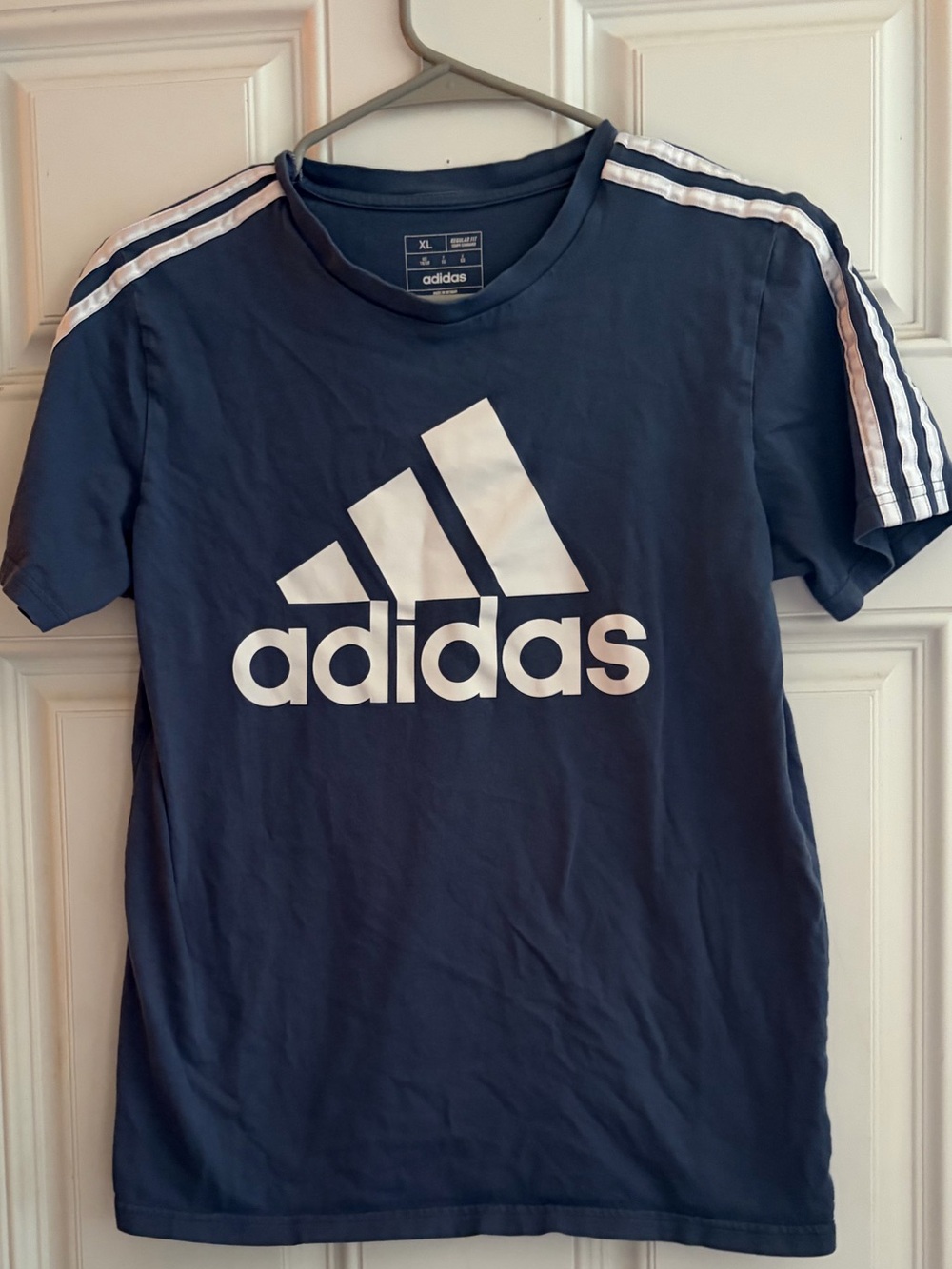 adidas Navy Blue Short Sleeve Tee with White Logo & Shoulder Stripes